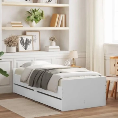 Image of vidaXL Modern Single Bed Frame with Storage Drawers in White, Engineered Wood, Suitable for 90x200 cm Mattress Easy Assembly, Bedroom Furniture