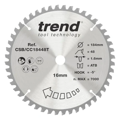 Image of Trend Wood Cordless Mitre Saw Blade, 184mm Diameter, 16mm Bore, 48 Teeth, TCT, 1.6mm Kerf, 5 Hook, CSB/CC18448T