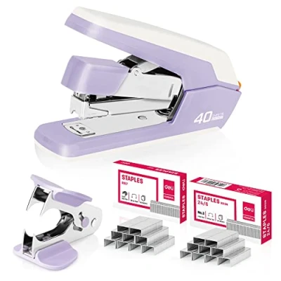 Image of deli Effortless Desktop Stapler, Heavy Duty 40 50 Sheet Capacity, One Finger, No Effort, Includes Staples &amp; Staple Remover, Violet