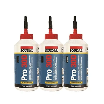 Image of Set of 3 x 750 ml Soudal Pro 30D Ready to Use Waterproof PVAC Based Wood Glue