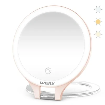 Image of WEILY Makeup Mirror with Lights, Magnifying Lights 10X/1X, Double Sided Travel 3 Color Adjustable Rechargeable LED Mirror, Gift for Girls Women