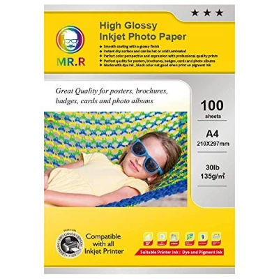 Image of MR.R Single Side High Glossy Inkjet Photo Paper 135gsm A4 210 x 297mm Pack of 100 Sheets