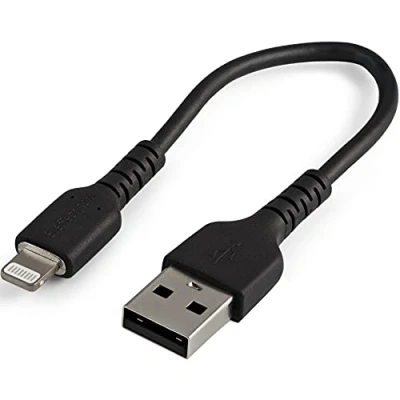 Image of StarTech.com 6 inch (15cm) Durable Black USB A to Lightning Cable Heavy Duty Rugged Aramid Fiber Type Charger/Sync Power Cord Apple MFi Certified iPad/iPhone 12 (RUSBLTMM15CMB)