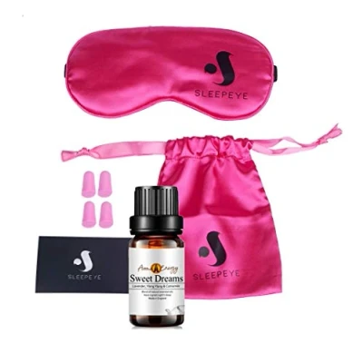 Image of Sleep Mask Ear Plug Sweet Dreams Essential Oil 10ml Set Pink Silk Sleeping Eye Soft Natural Cotton Filled Adjustable Strap with Travel Carry Bag