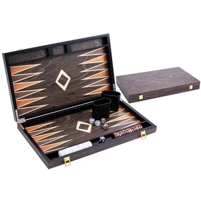 Image of Engelhart 250545 18 inch Deluxe Backgammon set with varnished ebony veneer brown