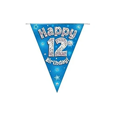 Image of OAKTREE UK 631229 Party Bunting Happy 12th Birthday Blue Holographic 11 Flags 3.9m