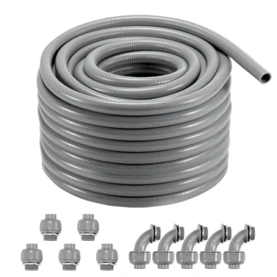 Image of VEVOR 1 Inch Flexible Electrical Conduit, 100 ft, PVC Liquid Tight Conduit Non Metallic with 5 Straight and 90 Degree Connector Fittings, for Air Conditioning Motor Controller Pump, IP65