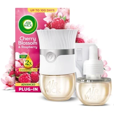 Image of Air Wick Cherry Blossom &amp; Raspberry Advanced Electrical Plug In Kit 19ml, Lasts for up to 100 days, Freshener