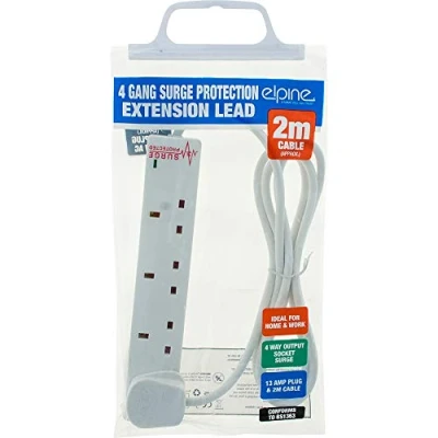 Image of 4 WAY GANG 2M EXTENSION LEAD UK CABLE 13 AMP SOCKET POWER SURGE PROTECTED PLUG