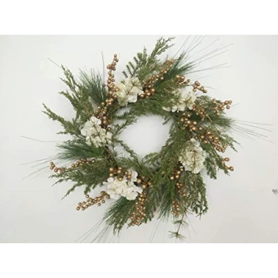 Image of 55cm Natural Looking Artificial Green Leaves, Golden Berries and White Hydrangea Flowers Wreath Front Door Hanging Christmas Decorations Wedding Xmas Decorative Garland, 15709