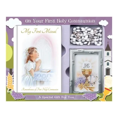Image of First Holy Communion FHC Gift Set Girl Book, Rosary Beads and Photo Frame C5176