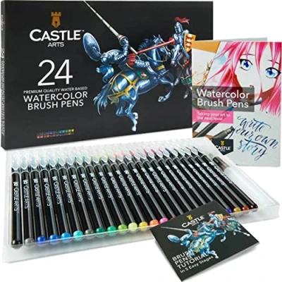 Image of Castle Art Supplies Watercolour Brush Pens Set 24 Lively Colours, with Flexible Nylon Tips For adult colouring, painting, lettering artists and beginners Travel Case Extra Water Pen
