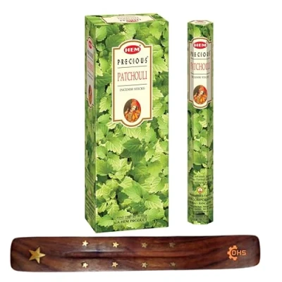 Image of HEM Incense sticks PRECIOUS Patchouli Full box of 6 with DHS stick holder for Yoga, Meditation, Healing, Spirituality, Aromatherapy, Spa and Relaxation…