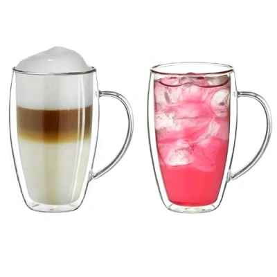 Image of Creano Double Walled Coffee Glasses with Handle 250ml Insulated Cappuccino Cups Latte Macchiato, Tea Handmade Heat Resistant Mugs 2 pcs (Pack of 1)