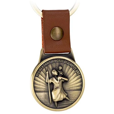 Image of FABACH Saint Christopher Keyring on Leather Strap Patron for Drivers &amp; Travelers Modern, Antique Bronze (Brown)