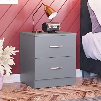 Image of Vida Designs Large Grey Bedside Cabinet, 2 Drawer With Metal Handles &amp; Runners, Unique Anti Bowing Support, Riano Bedroom Furniture