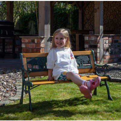 Image of Kids 2 Seater Wooden &amp; Cast Iron Garden Patio Childrens Bench with Animal Design