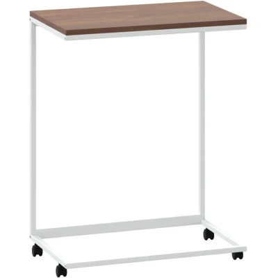 Image of vidaXL Side Table with Wheels, Versatile C Shaped End Table, White Engineered Wood, Iron Frame, Rectangular, Suitable for Living Room or Bedroom