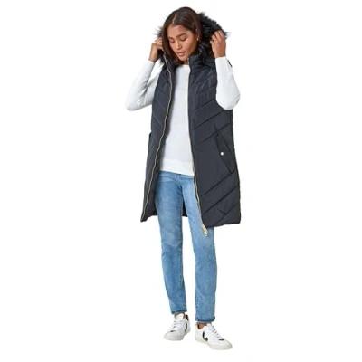 Image of Roman Originals Quilted Gilet with Hood for Women UK Ladies Sleeveless Coat Hooded Jacket Padded Bodywarmer Winter Lightweight Warm Autumn Funnel Neck Longline Soft Bubbly Plain Noir Size 10