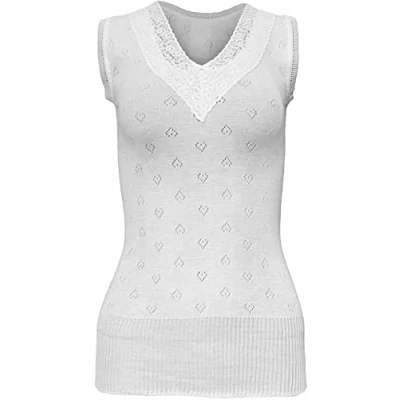 Image of Ladies Snowdrop Thermal Underwear Cotton Soft Vest Tops &amp; pantee, Long Johns (Built up Spencer Short lace White, Medium (WMS) (10 12) UK)