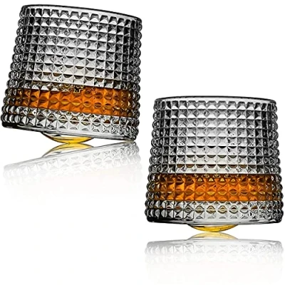 Image of Sthrucrack Whiskey Glasses Rotatable Decompression Old Fashioned Set of 2 Bar Style Glassware for Bourbon Scotch Rum (2 Pack Checkered, 300ml(10oz))