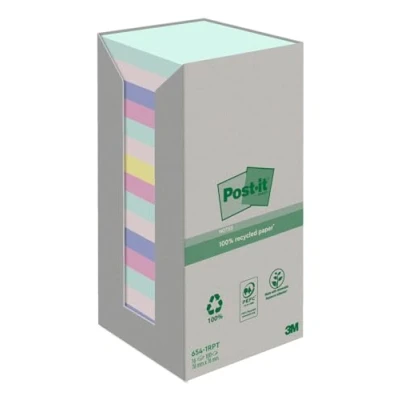 Image of Post it Recycling notes Assorted Colours, Pack of 16 Pads, 100 Sheets per Pad, 76 mm x mm, Green, Pink, Yellow, Blue Self stick made from 100% recycled paper