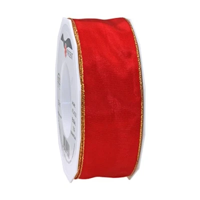 Image of Präsent Manhattan Wired Taffeta Ribbon Red Gold 25 m Roll 40 mm width