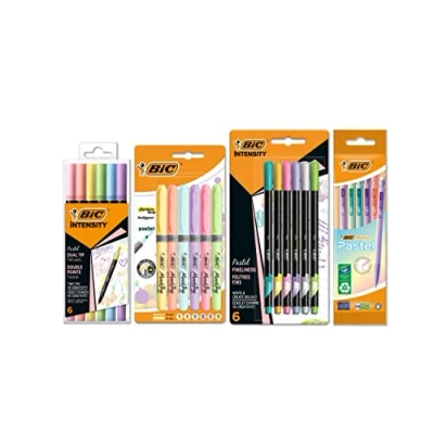 Image of BIC Pastel Stationery Set, 6 Intensity Felt Tip Pens with Dual Tips, Highlighter Grip Pens, Fineliners, Matic Pencils, School Supplies, 23 Pack