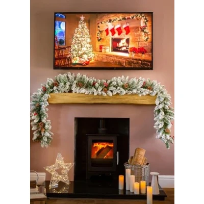 Image of Marco Paul Premium 9ft Christmas garland snow frosted with Pinecones, green Fir Tree leaves for fireplace table decoration and banister decorations (274cm)