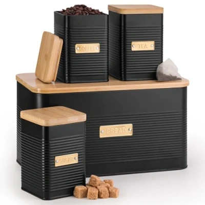 Image of EHC Tea Sugar Coffee Bread Bin Containers Black set of 4, Kitchen Storage Jars Canisters