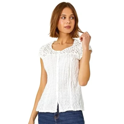Image of Roman Womens Lace Yoke and Sleeve Crinkle Blouse White Size 18 UK