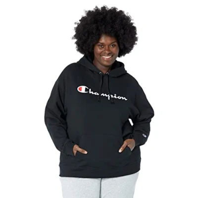 Image of Champion Women&#039;s Powerblend Relaxed Hoodie, Screen Print Script, Black y08113, Large