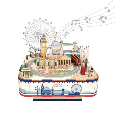 Image of Tonecheer Music Box Wooden 4D Puzzle, London DIY Model Kit for Adults, Rotating Box, Puzzle Home Decoration Gifts Birthday Christmas