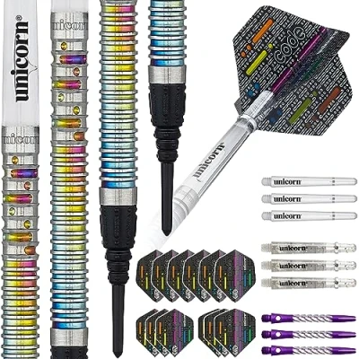 Image of UNICORN Soft Tip Darts Set Gary &#039;The Flying Scotsman&#039; Anderson Code Players DNA 80% Natural Tungsten Barrels with Multicolour Titanium Accents 18 g