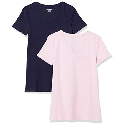 Image of Amazon Essentials Women&#039;s Classic Fit Short Sleeve V Neck T Shirt, Pack of 2, Navy/Light Pink, S