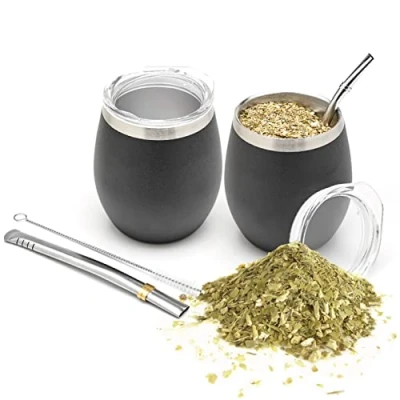 Image of balibetov Modern Mate Cup and Bombilla Set (Yerba Cup) Yerba Includes Double Walled 18/8 Stainless Steel Tea Cup, Two (Straw) a Cleaning Brush (Black)