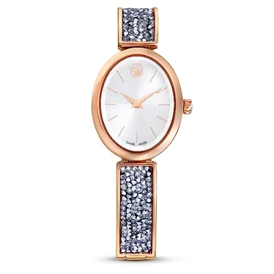 Image of Swarovski Crystal Rock Oval Watch, Metal Bracelet with White Sunray Dial in a Rose Gold Tone Finish, from the Collection