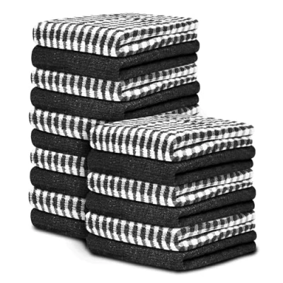 Image of Black Tea Towels Set of 16 46 x 65 Cm Check Large Bar Kitchen Absorbent Chef Towel Dish Cloths For Washing &amp; Cleaning 35% Polyester, 65% Cotton