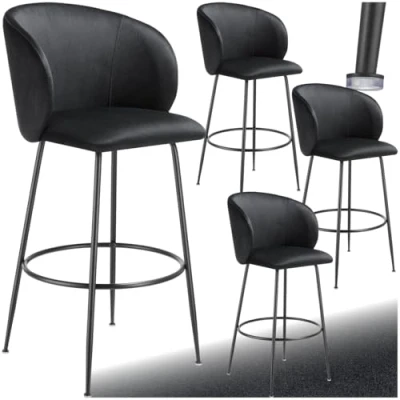 Image of TecTake® Set of 4 Bar Stools with Velvet Look Covers, Padded Stool Curved Backrests, Footrests &amp; Stable Steel Legs, Easy Assembly, Ideal as Dining Kitchen Island Black