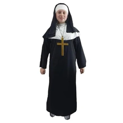 Image of The Dragons Den Childs Nun Robes Habit &amp; Cross Clergy Religious Fancy Dress Costume [Age 8 12 Years]