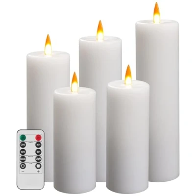 Image of Da by LED Candle Analog Flame Light Battery Operated Remote Timer Function Real Wax Set of 5