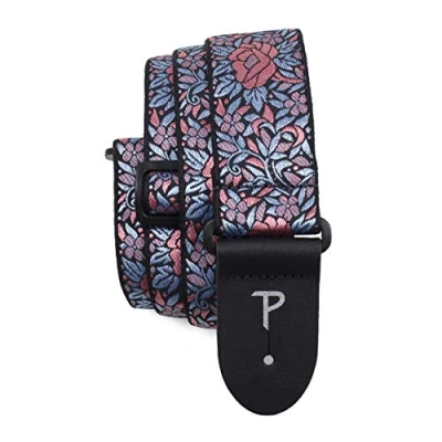 Image of Perri’s Leathers Ltd. Guitar Strap Nylon Jacquard Pink Blue Floral Adjustable For Acoustic/Bass/Electric Guitars Made in Canada (TWS 7275)