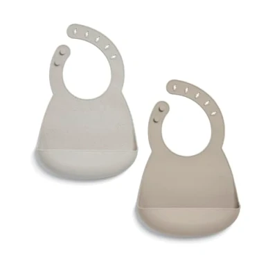 Image of Mamas &amp; Papas 2 Pack Waterproof Silicone Baby Bibs, Adjustable BPA Free Feeding Bibs with Large Pocket for Food Catching, Ideal Weaning 6 18 Months Neutral Speckle