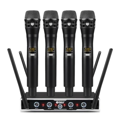 Image of D Debra Wireless Microphone System, 4 x 16 Adjustable Channels, Dynamic Handheld Microphones, Automatic on Frequency, 80 m Range for Vocals, Karaoke (4 Handheld)