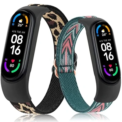 Image of Elastic Straps for Xiaomi Mi Band 6 / 5 4 3, Stretchy Nylon Loop Replacement Sport Wristband Women Men (Green arrow+Leopard)