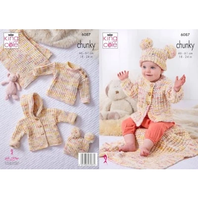 Image of King Cole Chunky Knitting Pattern 6087 Hooded Jacket, Side Fastening Hat, Sweater &amp; Blanket