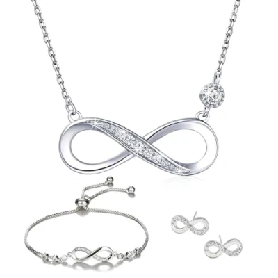 Image of Jewellery Sets 925 Sterling Silver Necklace Bracelet and Earrings Studs for Women Elegant Infinity Symbol Pendant Earrins Adjustable Set Fashion with Cubic Zirconia