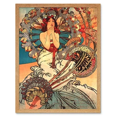Image of Wee Blue Coo Painting Mucha Nouveau Woman Spring Floral Art Print Framed Poster Wall Decor 12X16 Inch