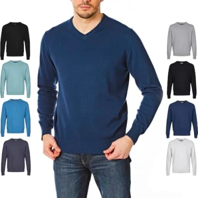 Image of Castle Point Mens Cspknt003 Herren strickpullover Mit Rundhalsausschnitt Cotton Soft Touch V Neck Knitted Jumper Sweater, Denim, XL, XL UK