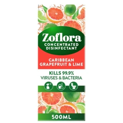 Image of Zoflora Carribean &amp; Grapefruit Concentrated Multipurpose Disinfectant Liquid, Antibacterial Multi Surface, Pet Safe Disinfectant, Kills 99.9% Of Bacteria Viruses, 1 X 500 ml